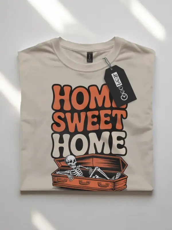Natural front view – vintage homebody Halloween tee coffin skeleton homebody t-shirt natural