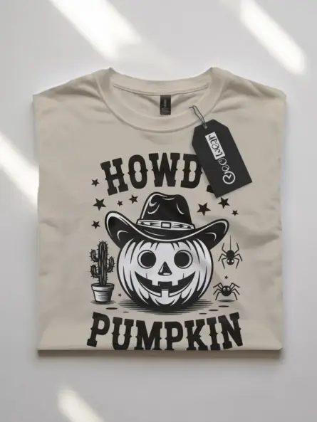 Natural front view – cowboy pumpkin Halloween shirt with woodcut design natural