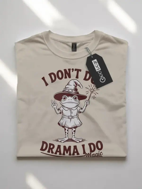 Natural front view – frog wizard t-shirt with vintage magic theme natural