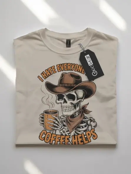 Grungy Skeleton Cowboy Coffee T-Shirt – Funny Anti-Social Vintage Tee - Image 7