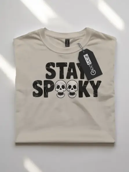 Natural front view – stay spooky t-shirt with skulls and vintage font in natural