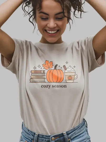 Minimalist Cozy Season T Shirt – Autumn Books & Pumpkin Tee - Image 9