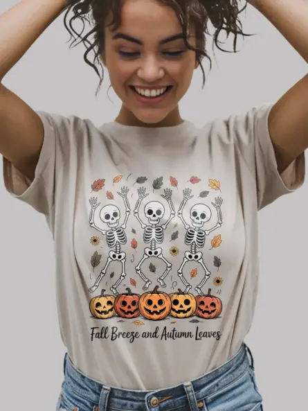 Whimsical Dancing Skeleton Fall Shirt – Cozy Autumn Leaves Tee - Image 9