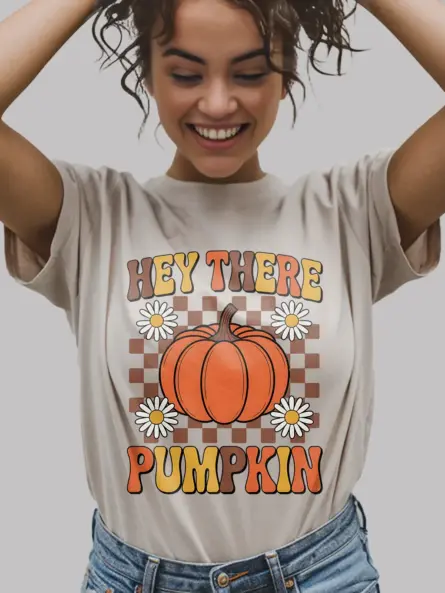 Hey There Pumpkin Shirt – Retro Fall Tee with Checkered & Daisy Design - Image 9