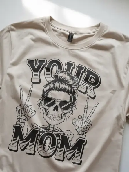 natural lifestyle shot cool mom wearing punk skeleton shirt