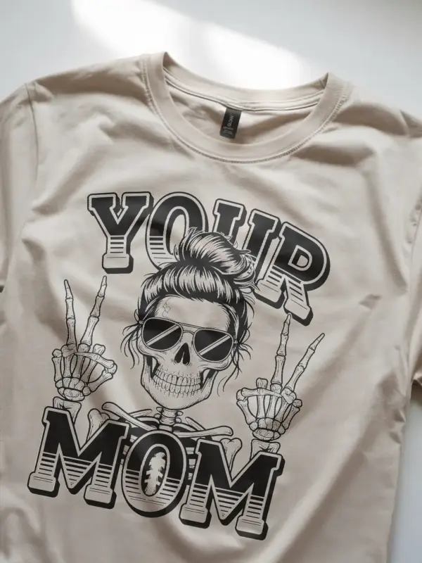 natural lifestyle shot cool mom wearing punk skeleton shirt