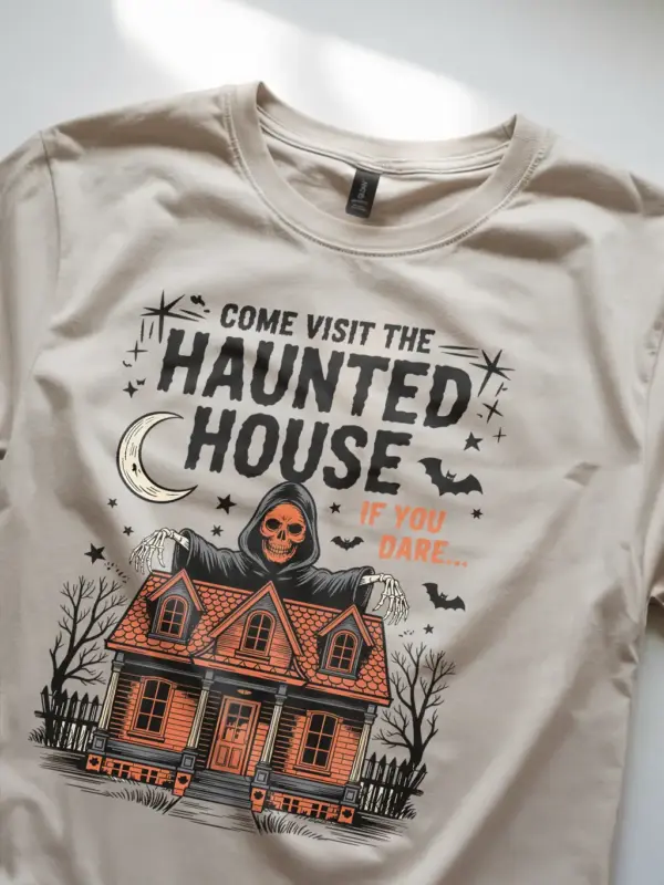 Natural retro haunted house graphic on natural vintage Halloween t-shirt