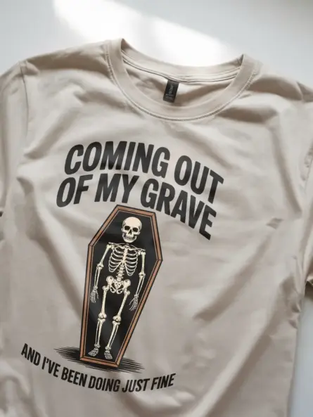 natural Shirt Front View – Coming Out of My Grave – funny skeleton coffin t-shirt