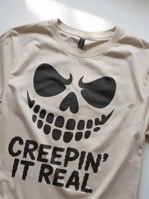 natural Lifestyle shot Creepin It Real Halloween T-Shirt creepy pun