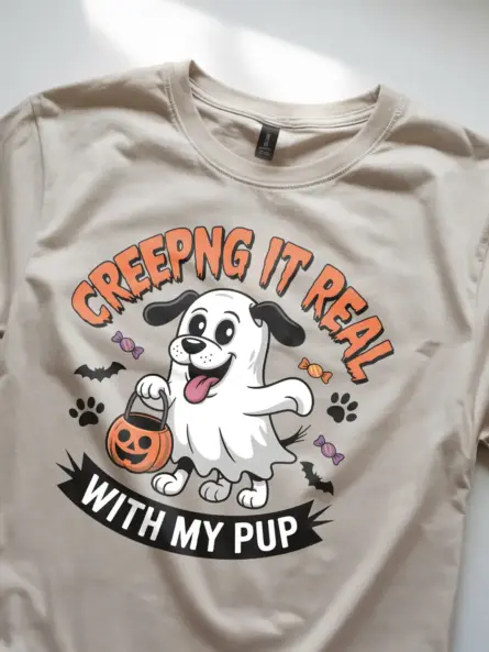 natural Lifestyle shot Creeping It Real Dog Halloween T-Shirt for pet parents