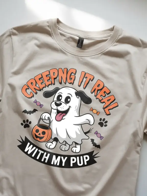 natural Lifestyle shot Creeping It Real Dog Halloween T-Shirt for pet parents