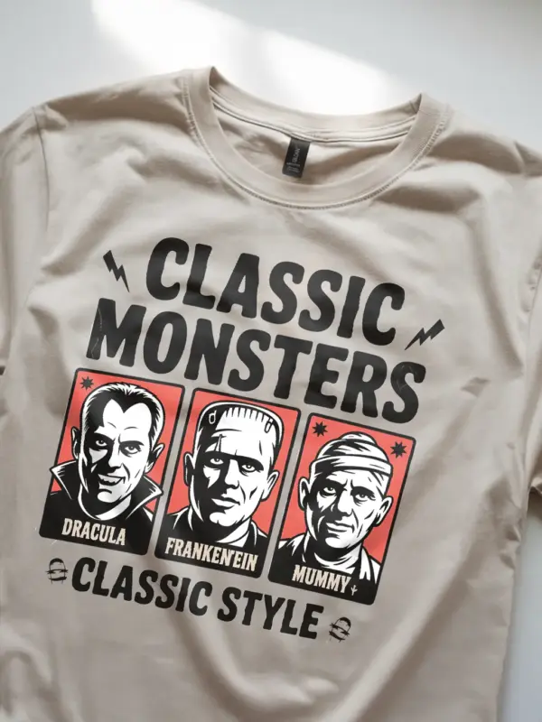 Lifestyle shot natural shirt Classic Monsters Vintage Horror T-Shirt