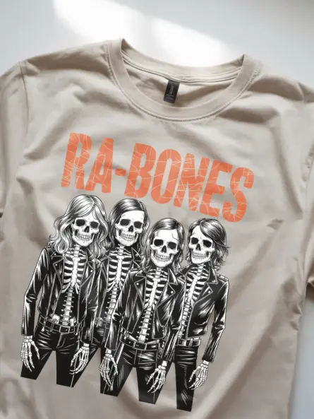 lifestyle – wearing natural 70s skeleton band shirt at outdoor event