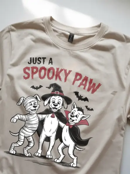 natural close-up – distressed red font detail on spooky dog Halloween t-shirt
