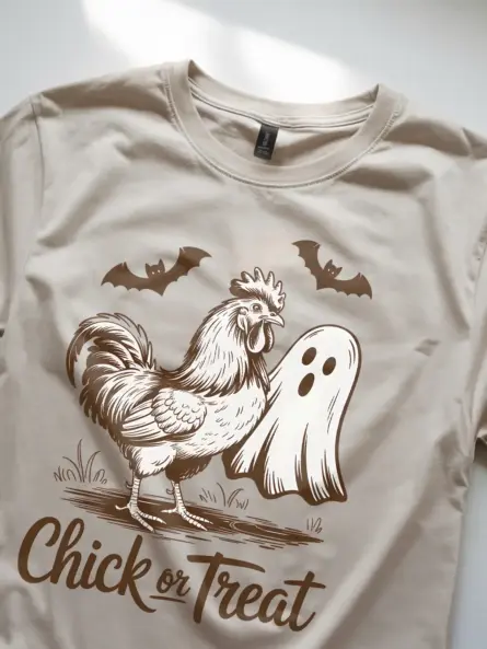 lifestyle – funny poultry Halloween shirt natural color worn outdoors