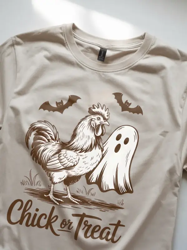 lifestyle – funny poultry Halloween shirt natural color worn outdoors