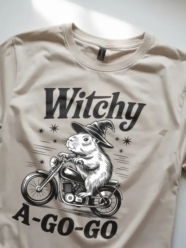 Natural lifestyle shot – Witchy A Go Go witchy capybara t-shirt