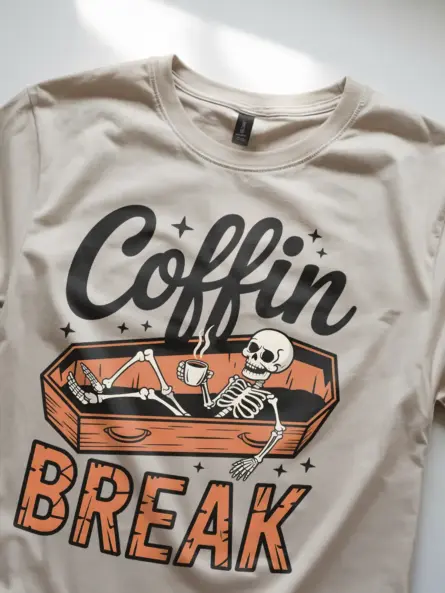 natural close-up Coffin Break artwork on navy skeleton shirt