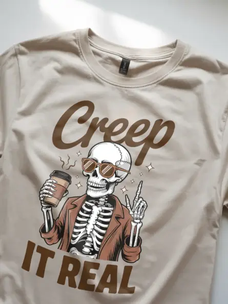 close-up – skeleton sunglasses graphic on navy funny skeleton coffee shirt