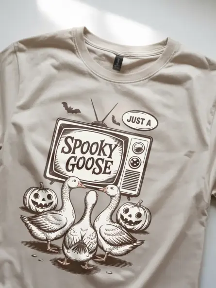 close-up – retro goose artwork on natural spooky goose Halloween t-shirt