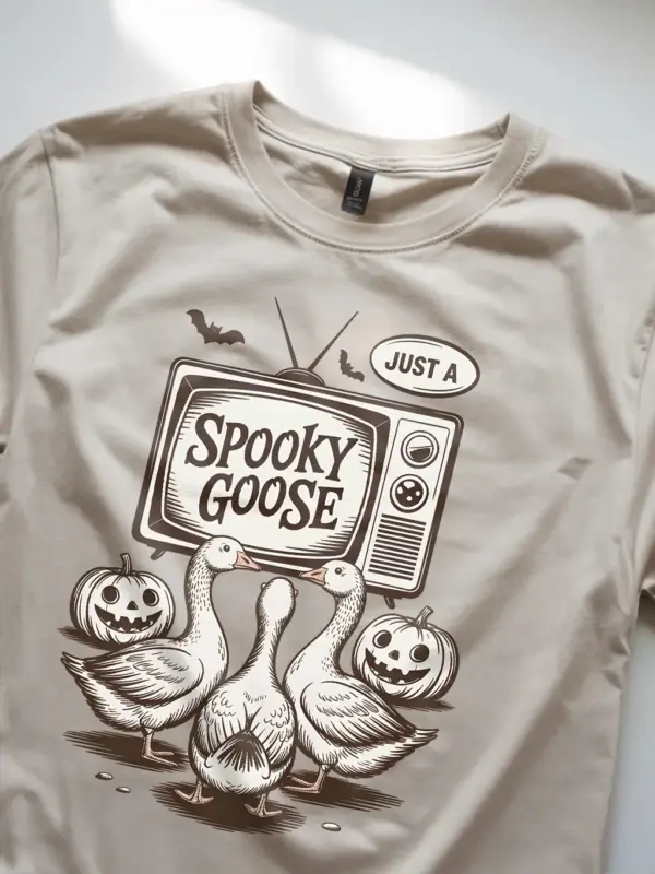 close-up – retro goose artwork on natural spooky goose Halloween t-shirt