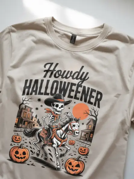 Natural close-up – distressed lettering detail cowboy skeleton Halloween shirt natural