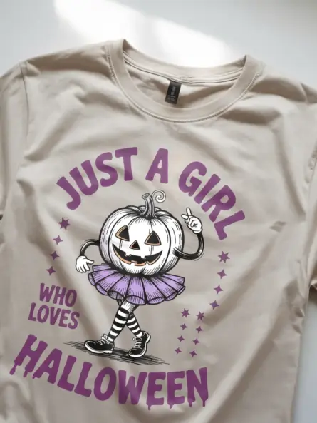 close-up – purple Halloween tutu print on natural cute pumpkin girl Halloween t-shirt