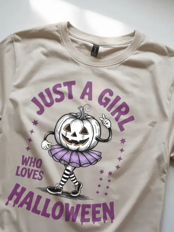 close-up – purple Halloween tutu print on natural cute pumpkin girl Halloween t-shirt