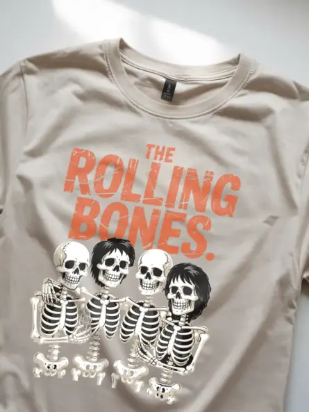 natural close-up – distressed print detail on Natural vintage Halloween rock band t-shirt
