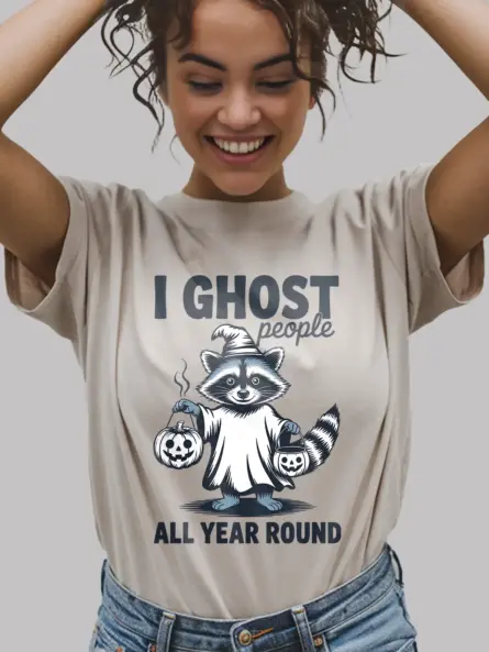 Natural front view – spooky raccoon ghost t-shirt with jack-o’-lantern natural