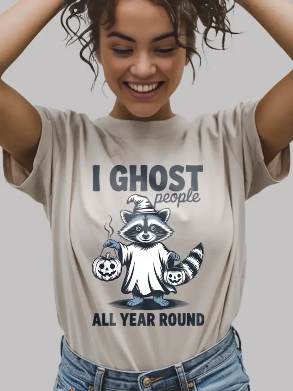 Natural front view – spooky raccoon ghost t-shirt with jack-o’-lantern natural