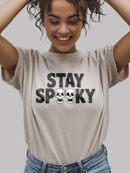 Natural lifestyle view – retro spooky season natural shirt with stay spooky print