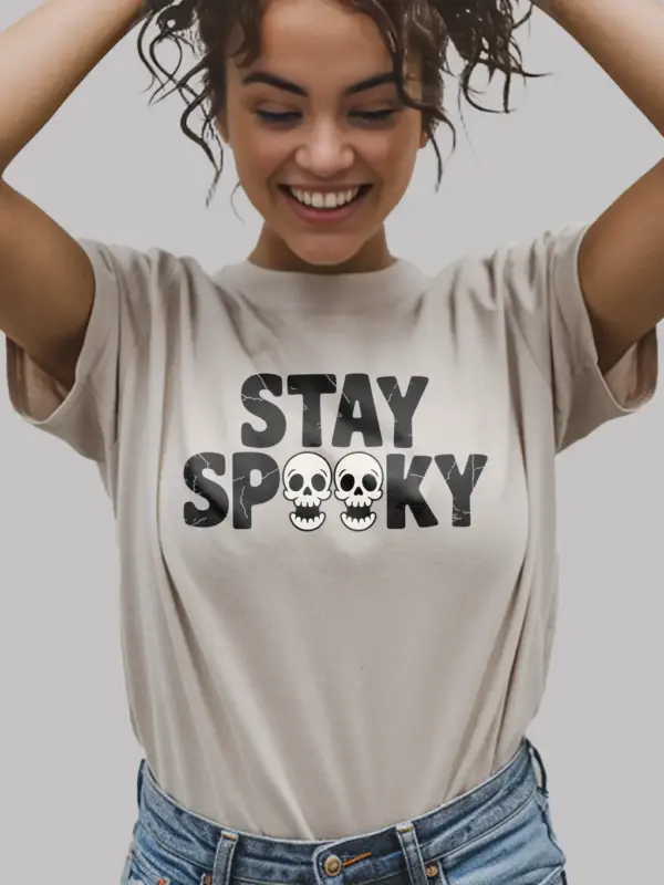 Natural lifestyle view – retro spooky season natural shirt with stay spooky print