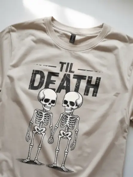 natural close-up – holding hands detail on gothic skeleton couple t-shirt