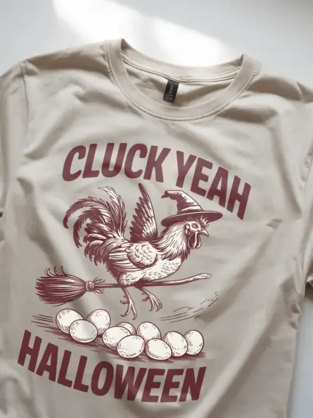 natural Cluck Yeah Halloween rooster shirt closeup