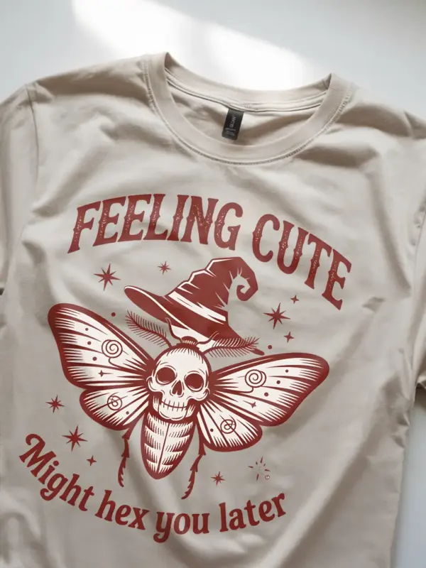 natural tee featuring vintage “Feeling Cute” moth skull print