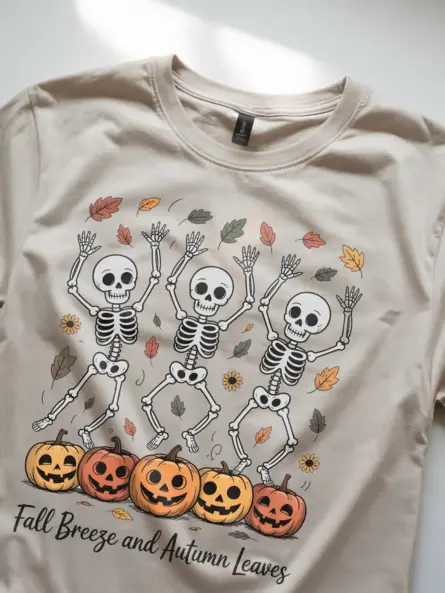 Whimsical Dancing Skeleton Fall Shirt – Cozy Autumn Leaves Tee - Image 8