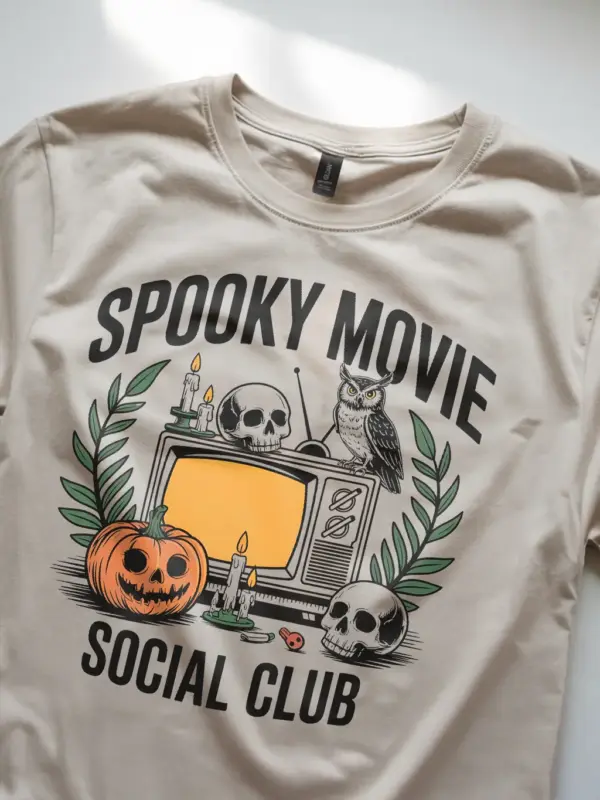 natural Lifestyle image – spooky movie social club t-shirt styled for retro fans