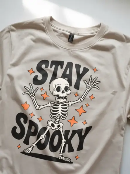 natural lifestyle – person wearing dancing skeleton Halloween shirt outdoors