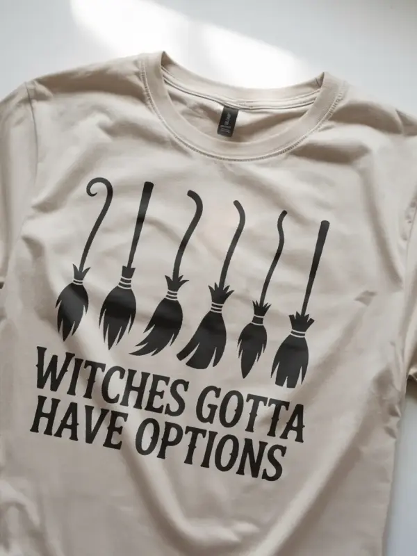 natural Casual wear lifestyle photo with navy funny witch broomstick shirt