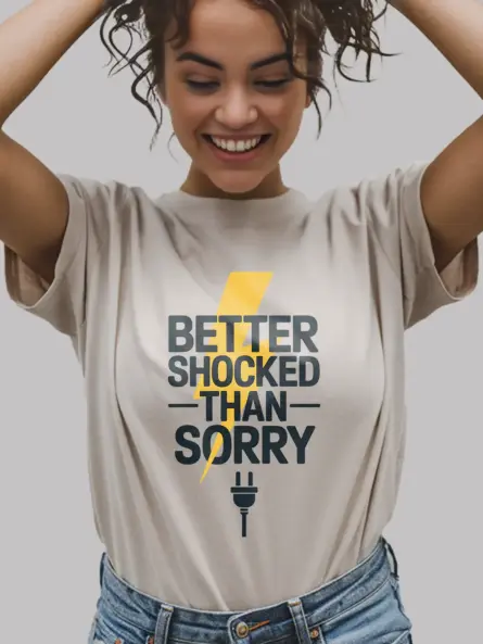 Natural Better Shocked Than Sorry Shirt Front – electrician safety t-shirt, electric plug graphic