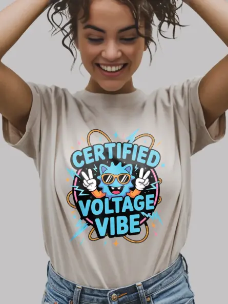 Natural Certified Voltage Vibe Shirt Front – funny electrician vibe t-shirt, electric blue lettering