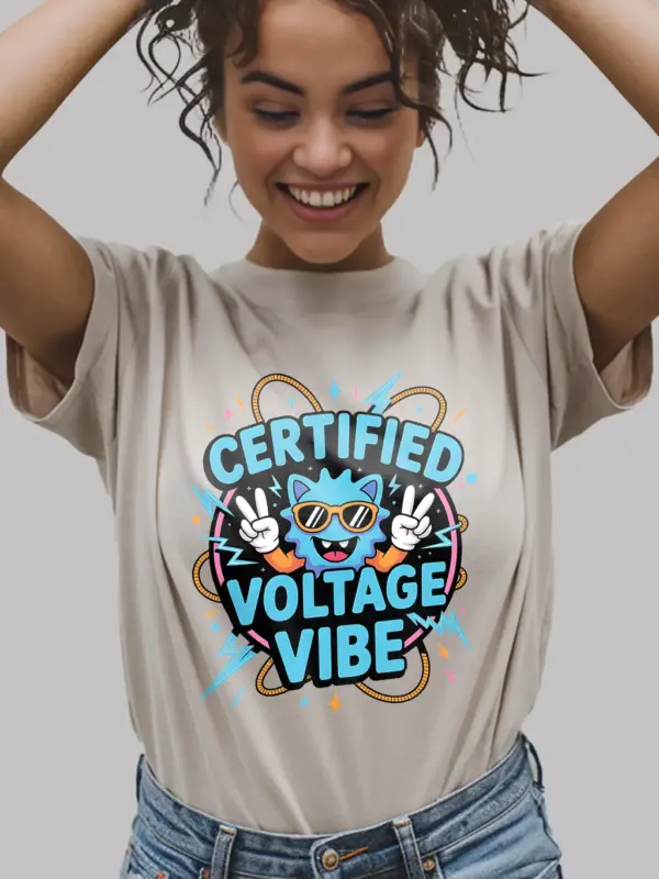 Natural Certified Voltage Vibe Shirt Front – funny electrician vibe t-shirt, electric blue lettering