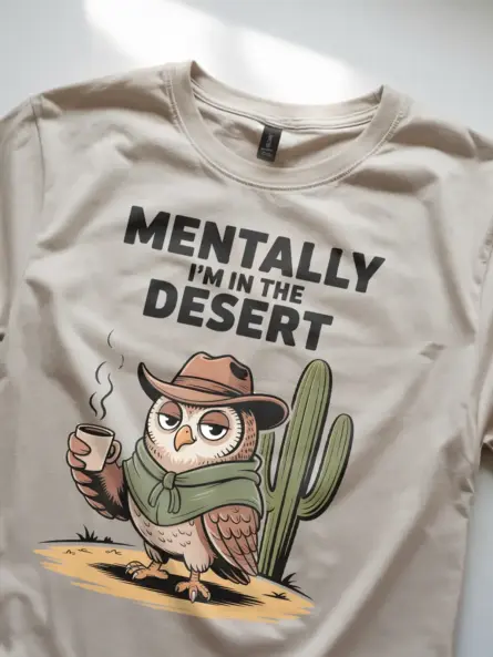 Desert Vibes T-Shirt – Funny Cowboy Owl Coffee Graphic Tee - Image 8