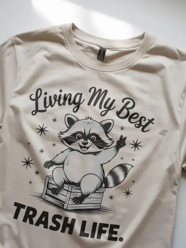 natural Shirt Lifestyle Shot – Living My Best Trash Life – funny raccoon trash panda t-shirt