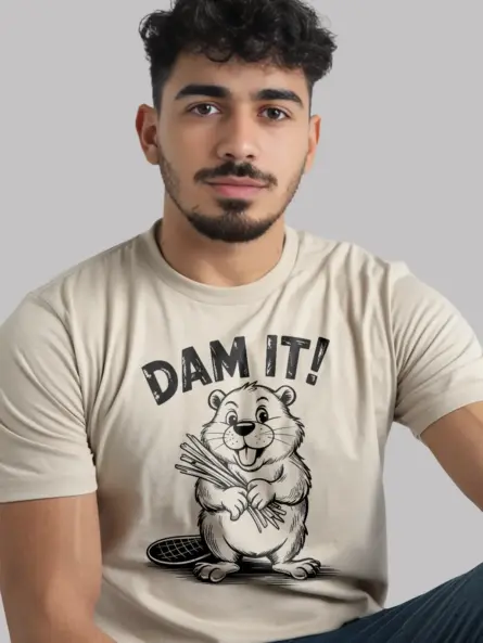 natural front view with dam it pun and cartoon beaver holding sticks
