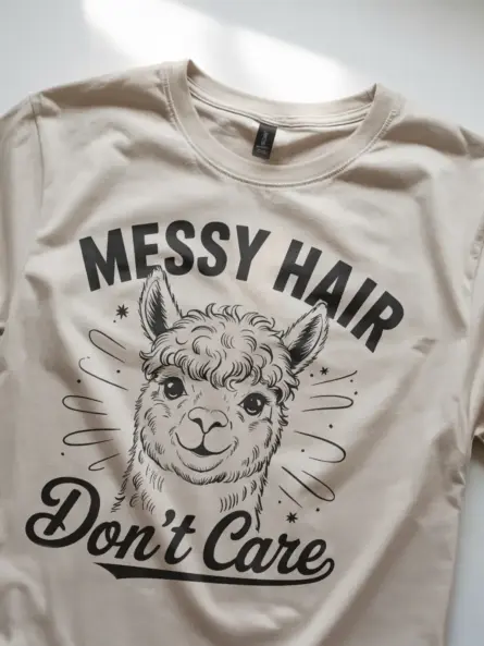 natural Girl in navy messy hair dont care alpaca t-shirt, smiling