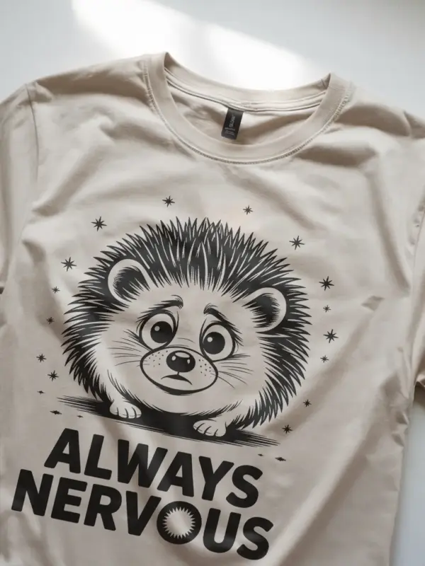 natural Lifestyle image in navy color, always nervous hedgehog t-shirt for animal lovers