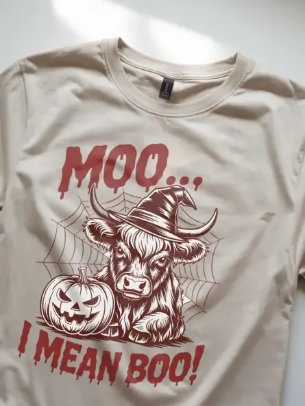 Natural close-up – distressed burgundy highland cow Halloween shirt natural