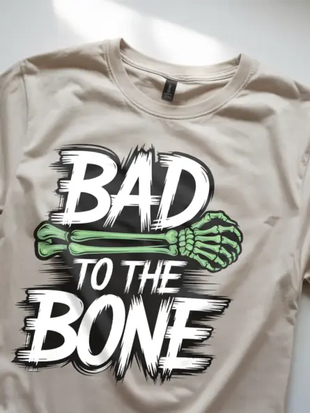 close-up – distressed text and bone design punk skeleton Halloween t-shirt